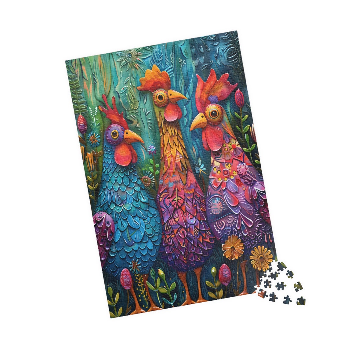 Three Silly Colorful Roosters Folk Art Garden Scene Wall Poster - Image 4