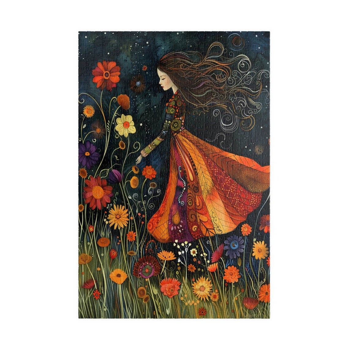 Boho Girl Wildflower Field Night Whimsical Folk Art Female Poster - Image 3