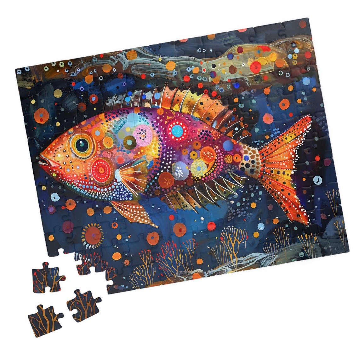 Whimsical Colorful Fish Dotted Folk Art Underwater Ocean Scene Poster