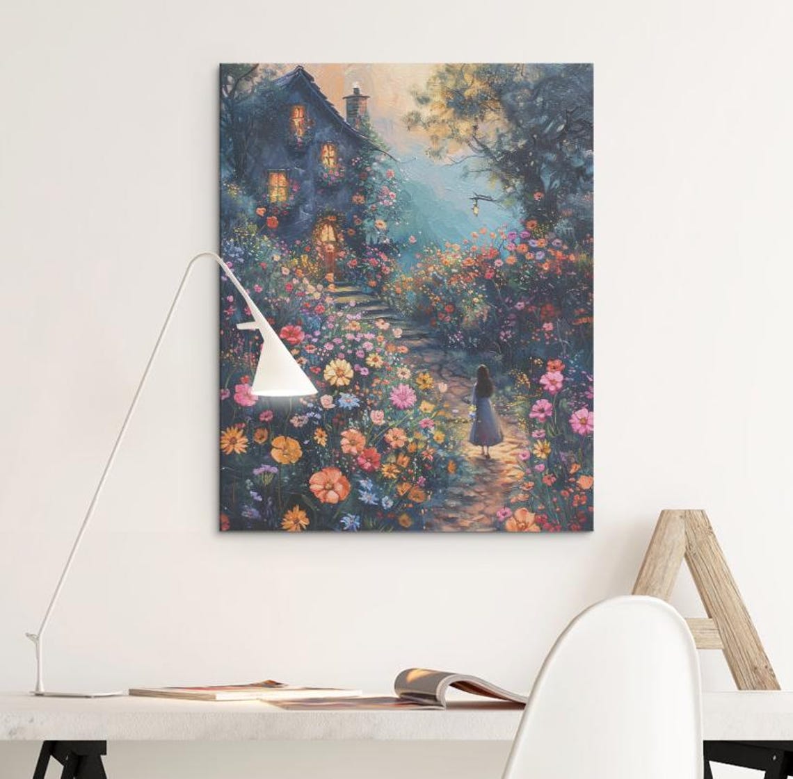 Girl Walking to Cottage Glowing Windows Wildflower Dusk Art Poster