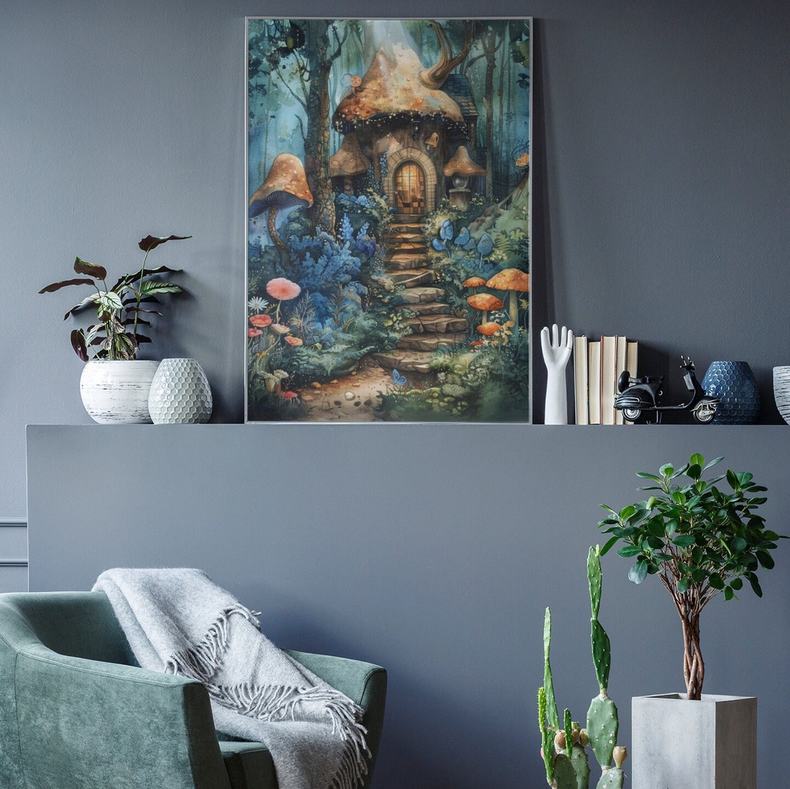 Whimsical Mushroom House Cottage Magical Forest Artwork Poster - Image 2