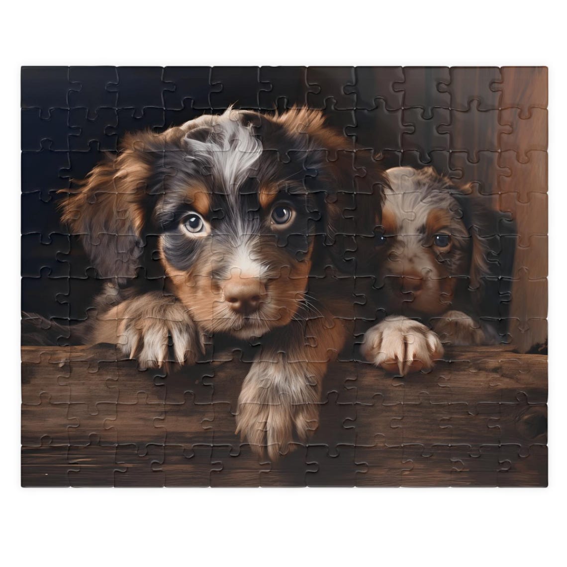 Two Cute Puppies Peeking Over a Rustic Wooden Edge Art Poster - Image 6