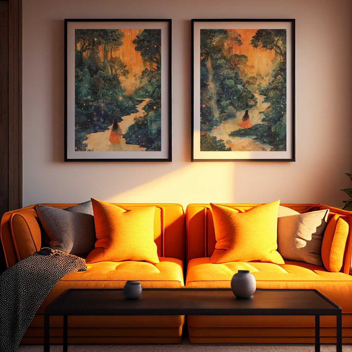 Woman in Flowing Orange Dress by a Glowing Forest Waterfall Poster - Image 2