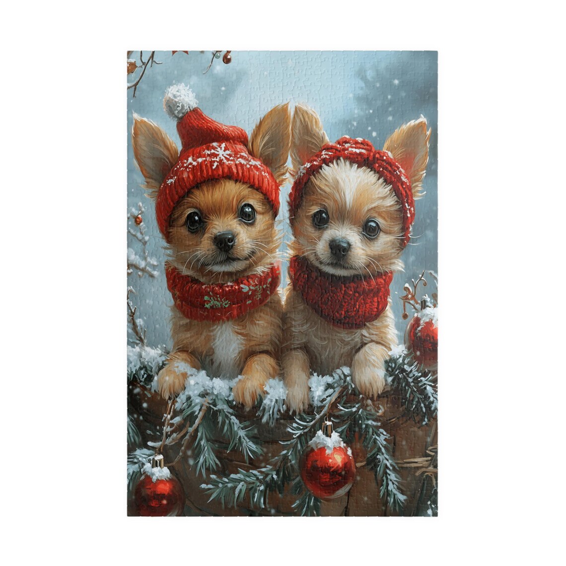 Two Chihuahua Puppies in Red Knit Hats and Scarves Christmas Poster - Image 3