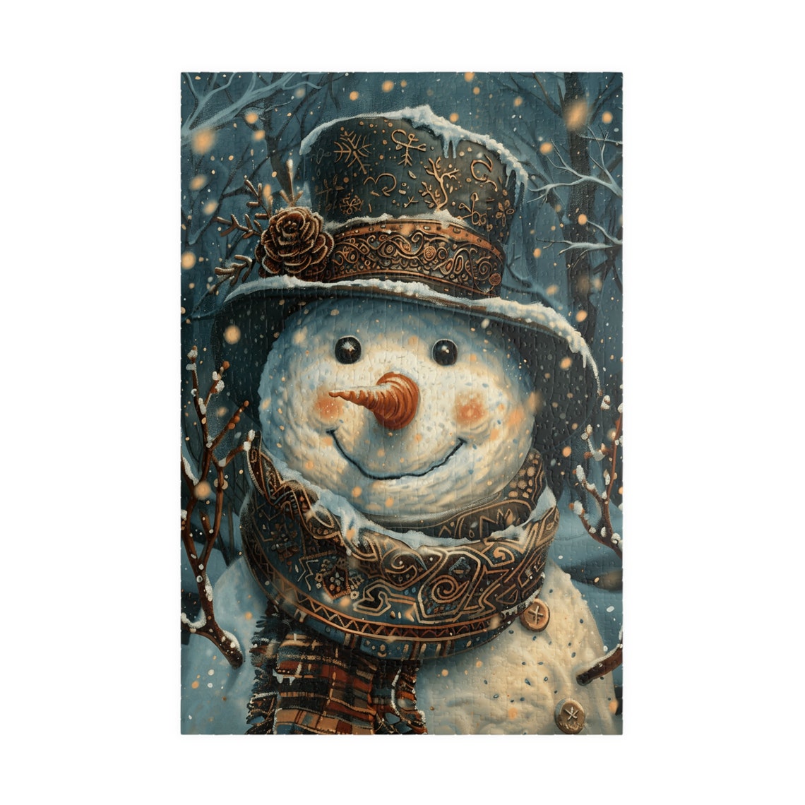 Frosted Snowman Portrait in Decorated Top Hat Snowy Night Poster - Image 3