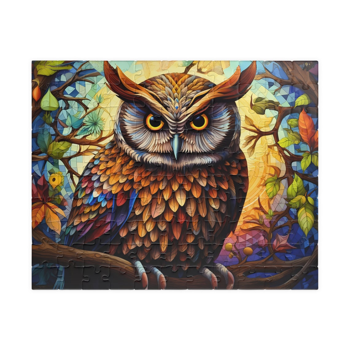Colorful Mosaic Owl Perched on a Branch in Stained Glass Style Print - Image 5