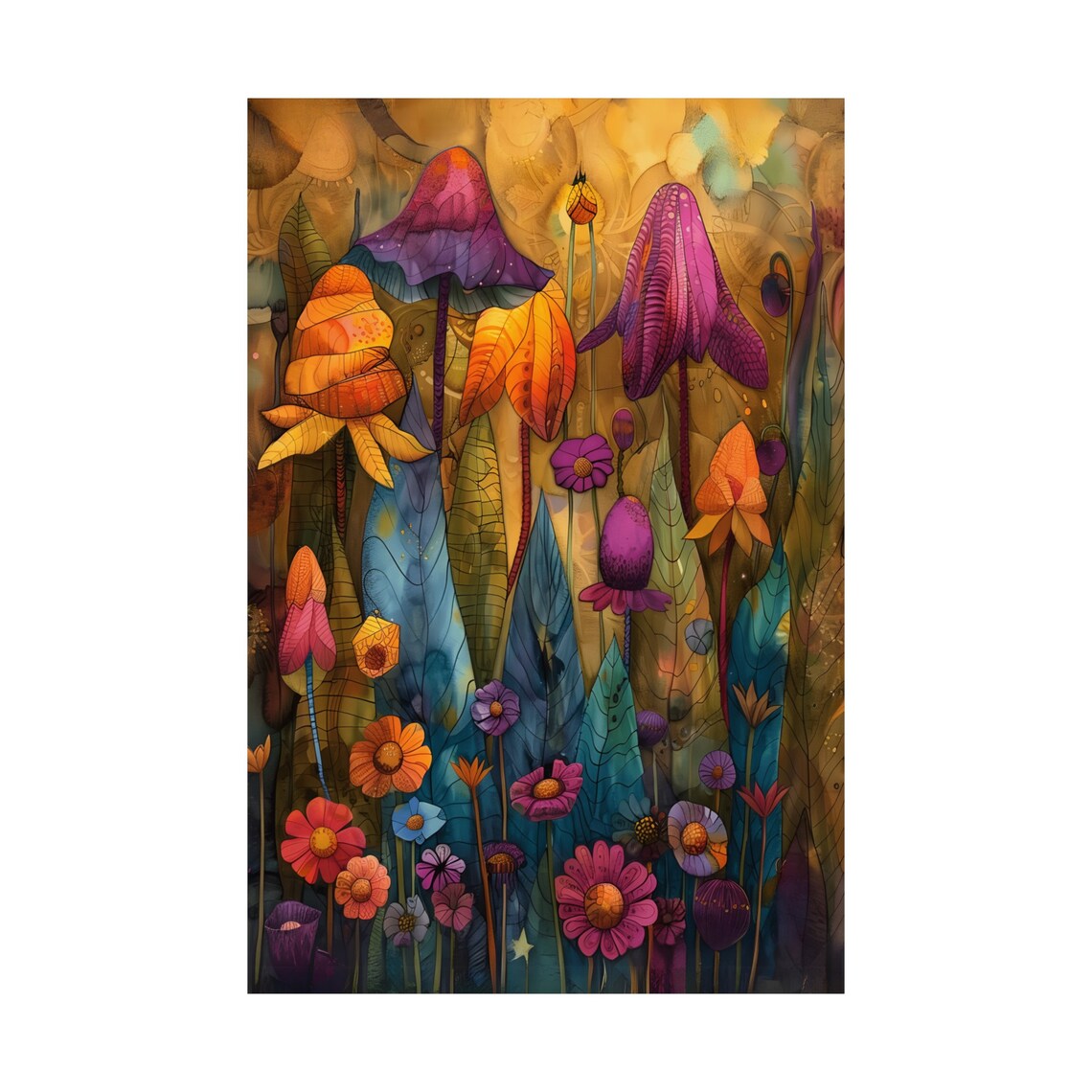 Psychedelic Autumn Wildflower Meadow in Jewel Watercolor Tones Print