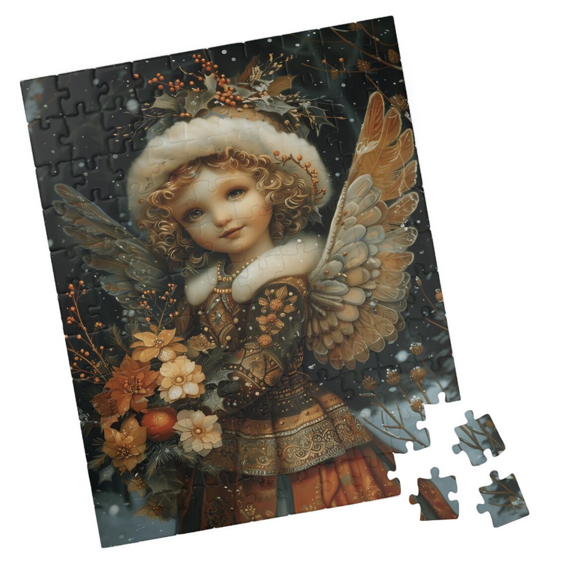 Classic Winter Angel Child in Fur Hood Holding Golden Flowers Poster