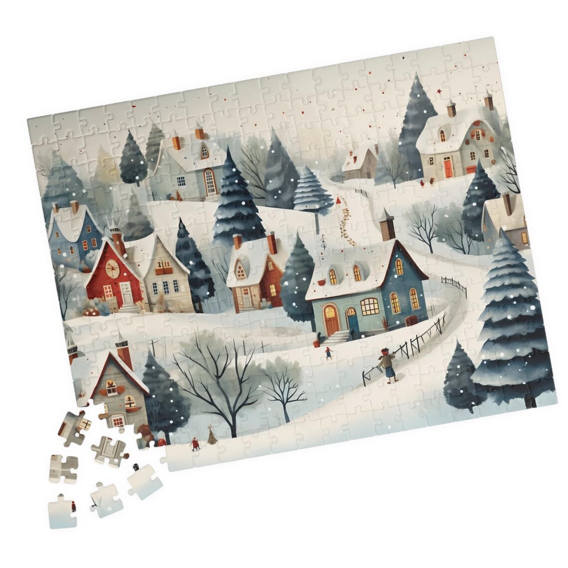 Snowy Country Town Winter Cottages In Falling Snow Art Poster