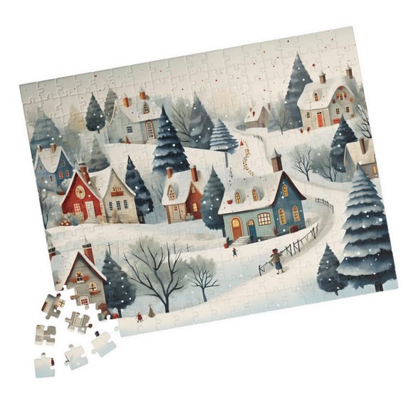 Snowy Country Town Contemporary Folk Art Jigsaw Puzzle Fun For One Or A Group Fun Family Activity Great Gift For Hospital Patients