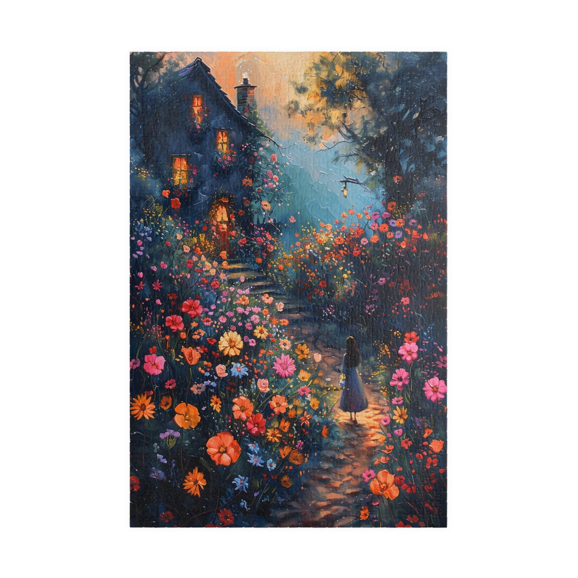 Moonlit Cottage Garden Girl Walking Among Night Bloom Flowers Poster - Image 3