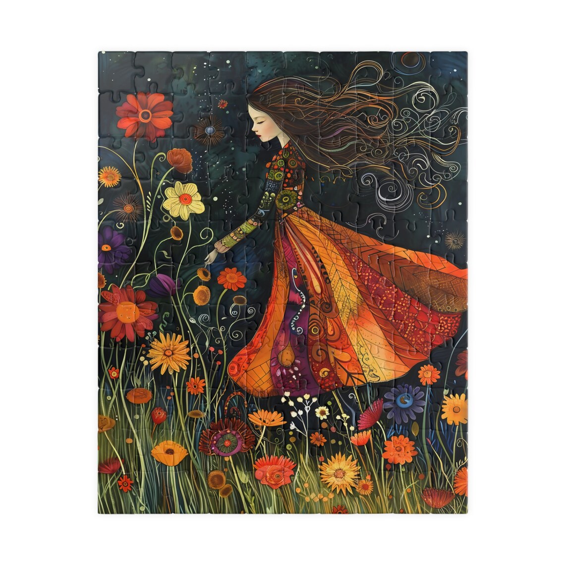 Boho Girl Wildflower Field Night Whimsical Folk Art Female Poster - Image 2