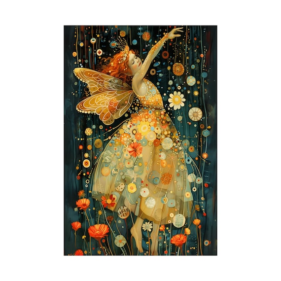 Dancing Golden Fairy In Flower Medallion Gown Night Garden Art Poster