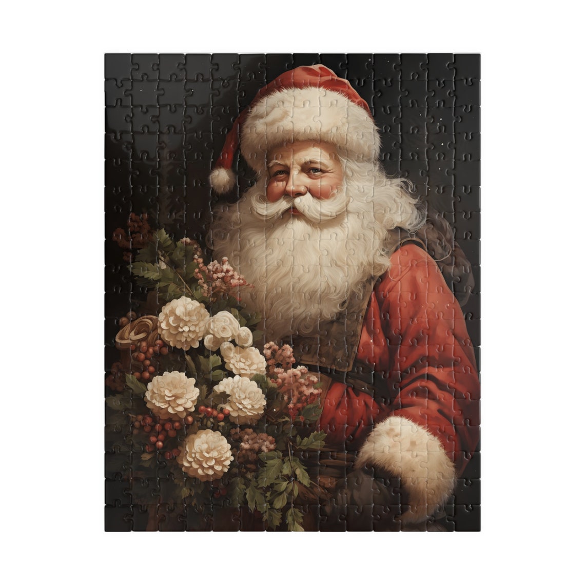 Vintage Santa Claus Portrait with White Flowers and Berries Art Print - Image 2