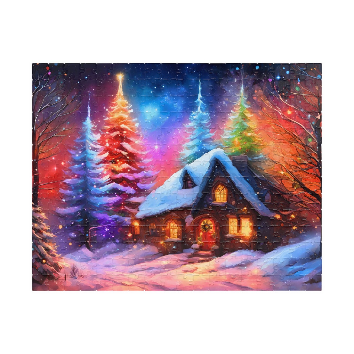 Holiday Magic Cabin Snowy Night Glowing Christmas Trees Poster - Image 2