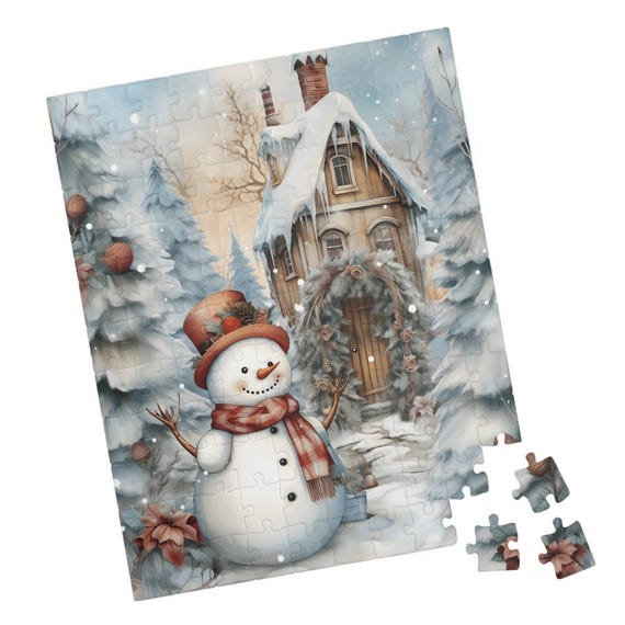 Country Snowman Watercolor Poster, Snowy Woods