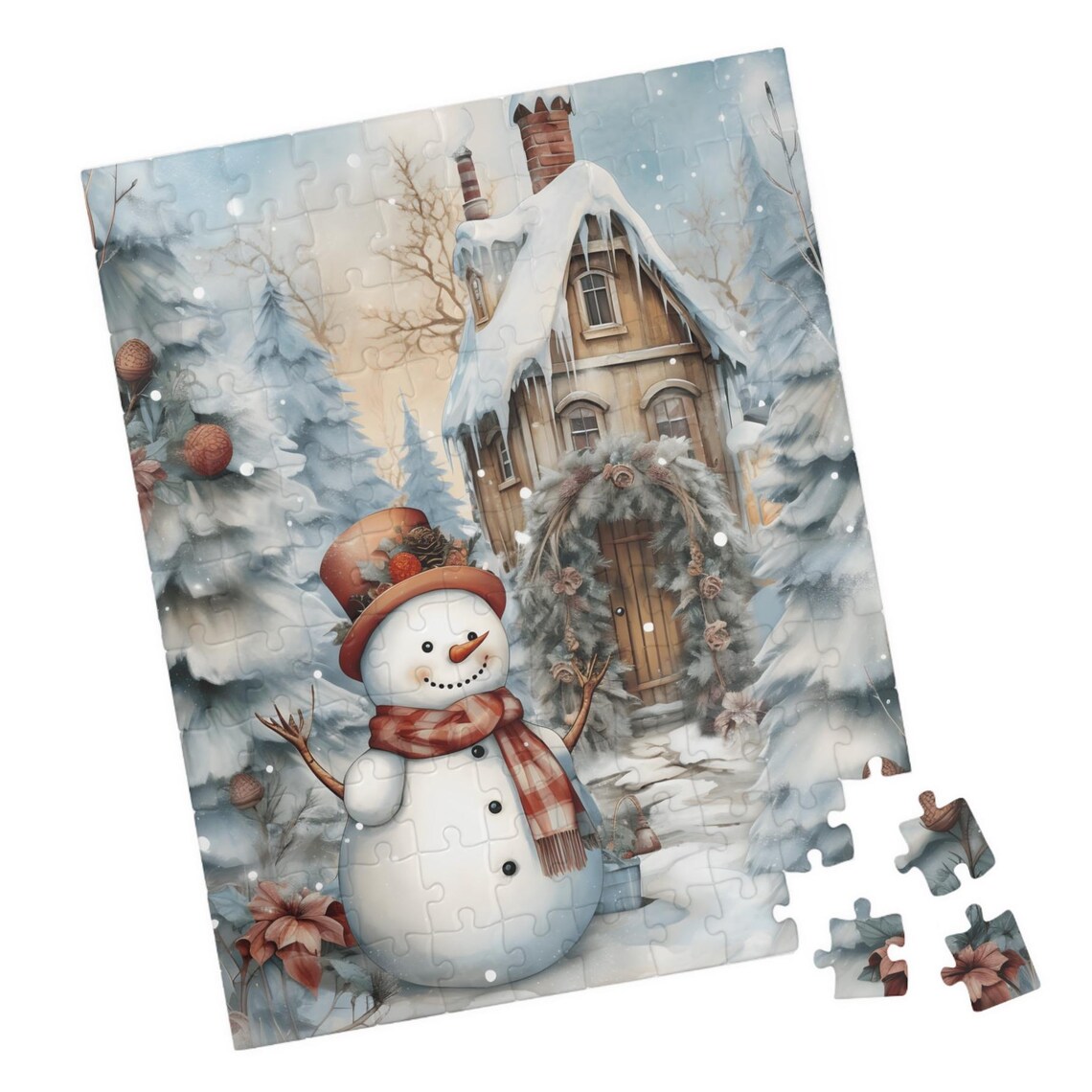 Country Snowman Watercolor Poster, Snowy Woods