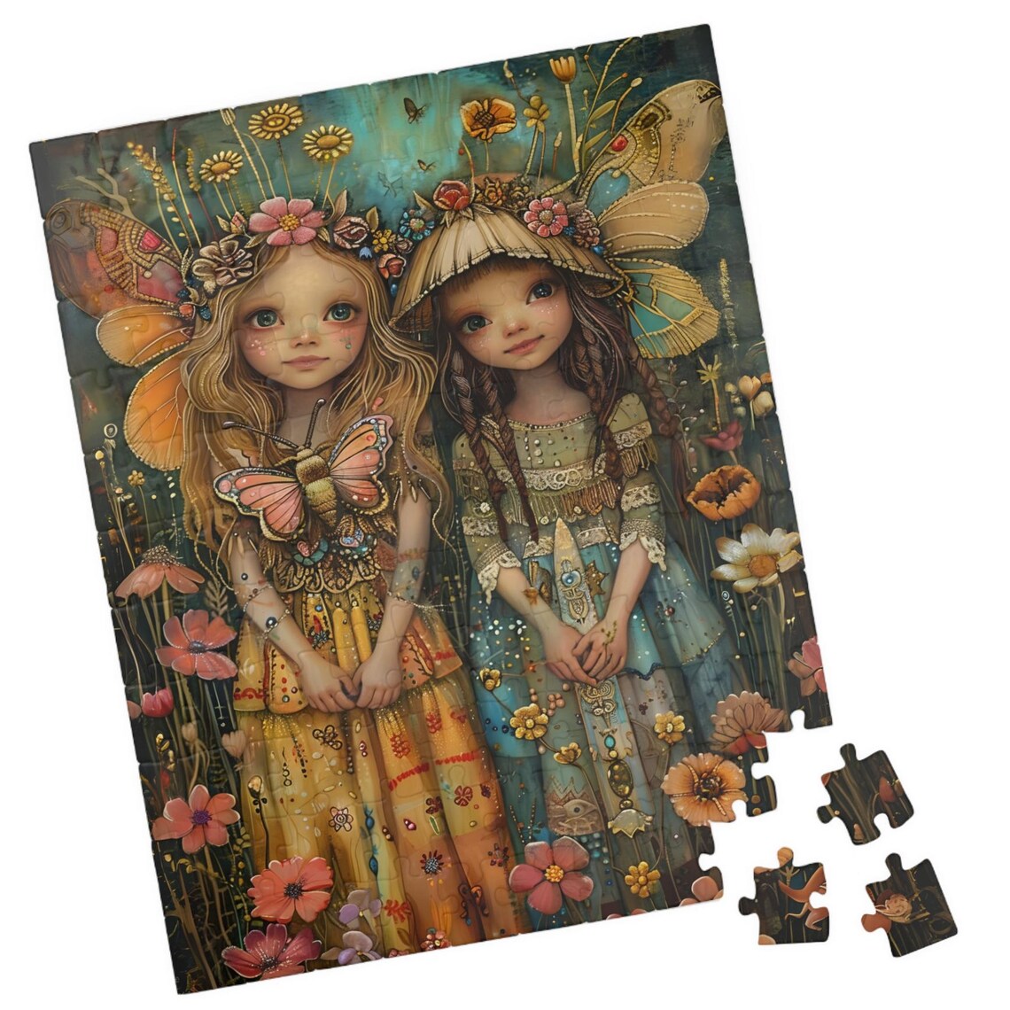 Country Fairy Girls in Wildflower Meadow Butterfly Folk Art Poster