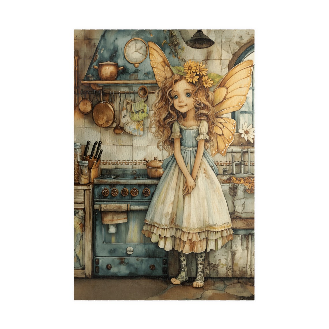Smiling Fairy Girl with Butterfly Wings in a Rustic Kitchen Print - Image 3