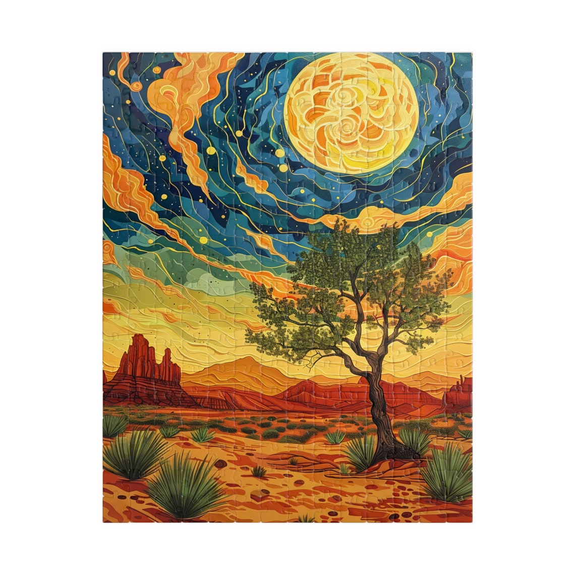 Swirling Golden Moon Over Starry Desert Night Sky Art Poster - Image 2