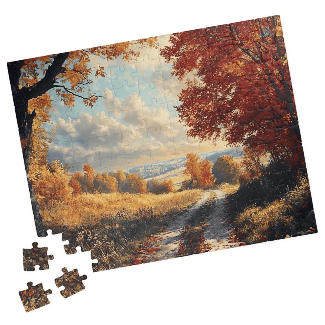 Autumn Country Road Through Golden and Red Trees Landscape Poster