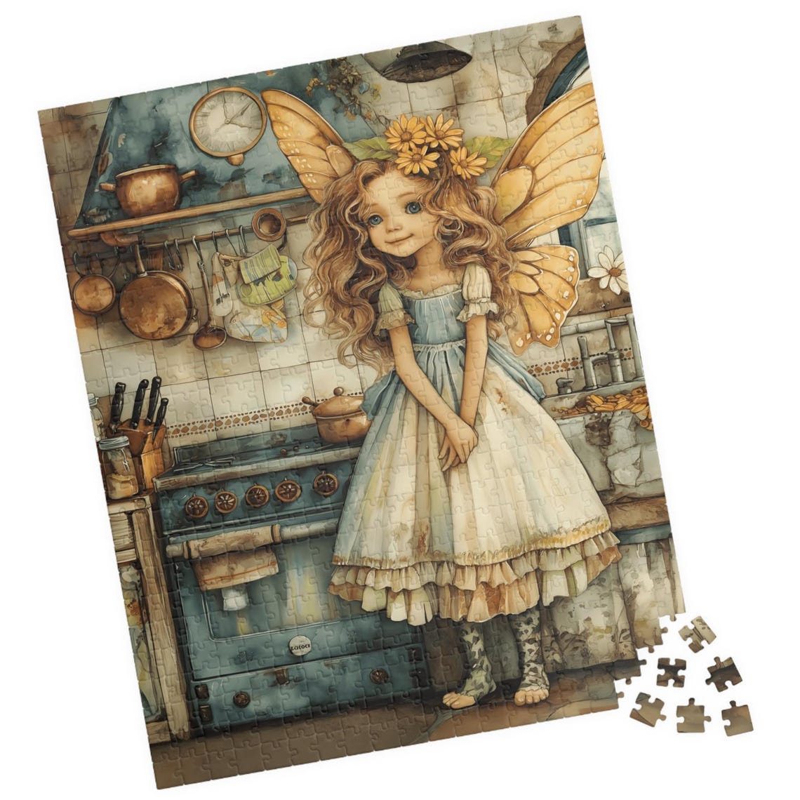 Smiling Fairy Girl with Butterfly Wings in a Rustic Kitchen Print
