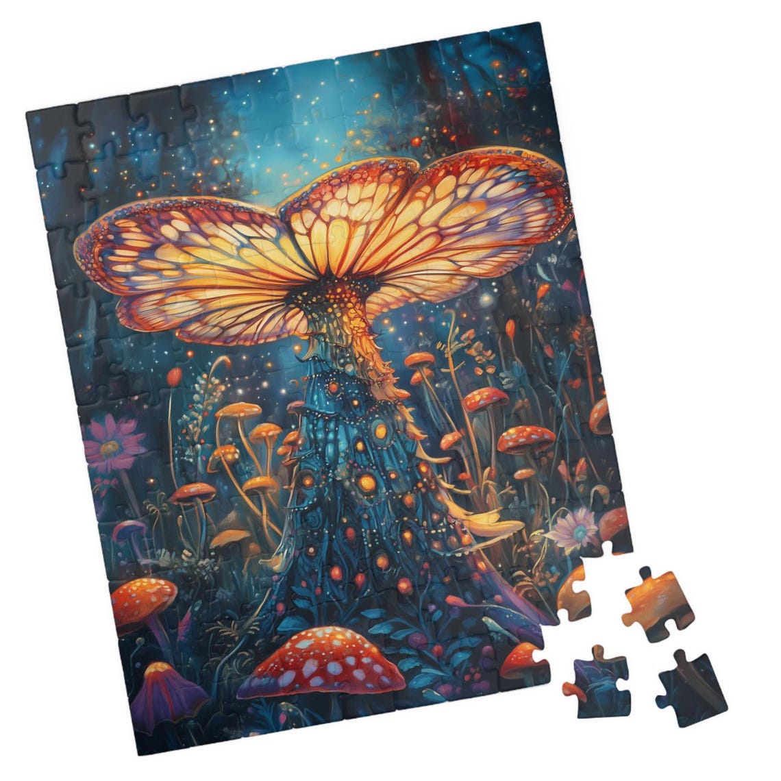 Glowing Forest Mushroom With Butterfly Wings at Night Poster