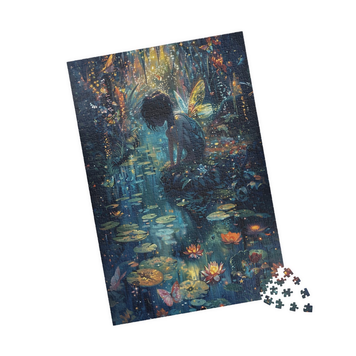 Crouching Fairy By Sparkling Lily Pond At Night Magic Art Poster - Image 4