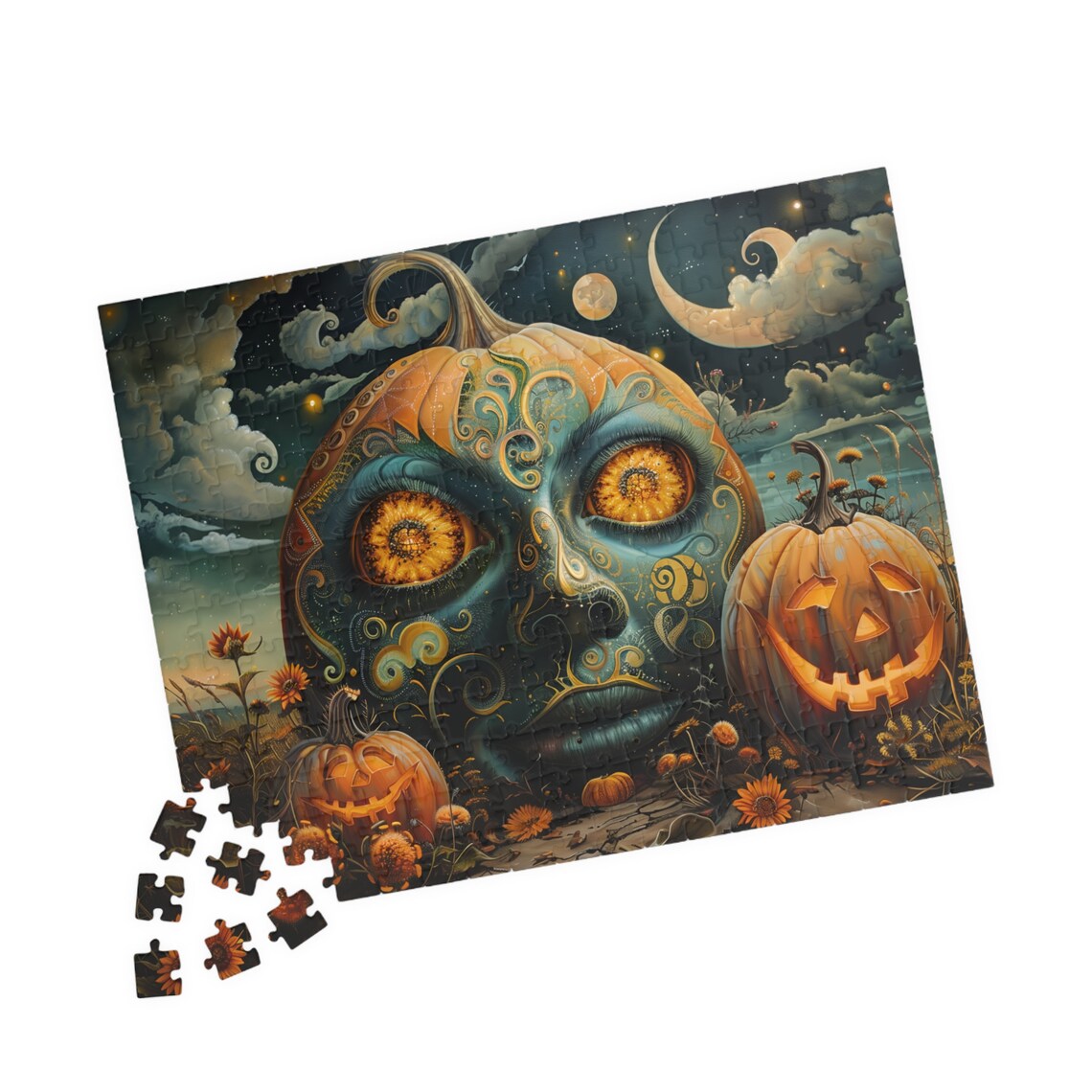 Dark Cottagecore Pumpkin With Ornate Painted Face Under Crescent Moon Poster - Image 4