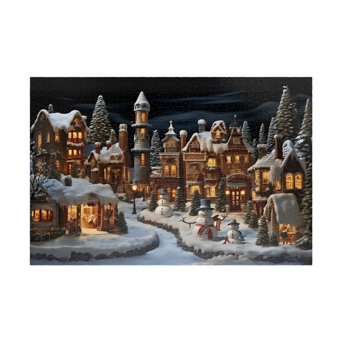 Snowy Christmas Village Night Snowmen Winter Wonderland Poster - Image 3