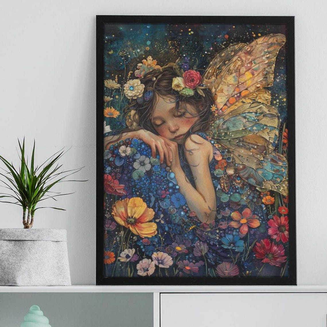Sleeping Fairy Night Garden Stained Glass Wings Floral Art Poster