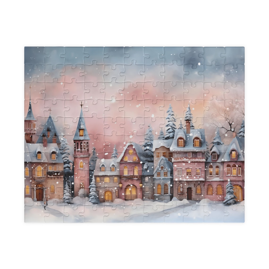 Charming Pastel Snowy European Winter Town Glowing at Dusk Poster - Image 4