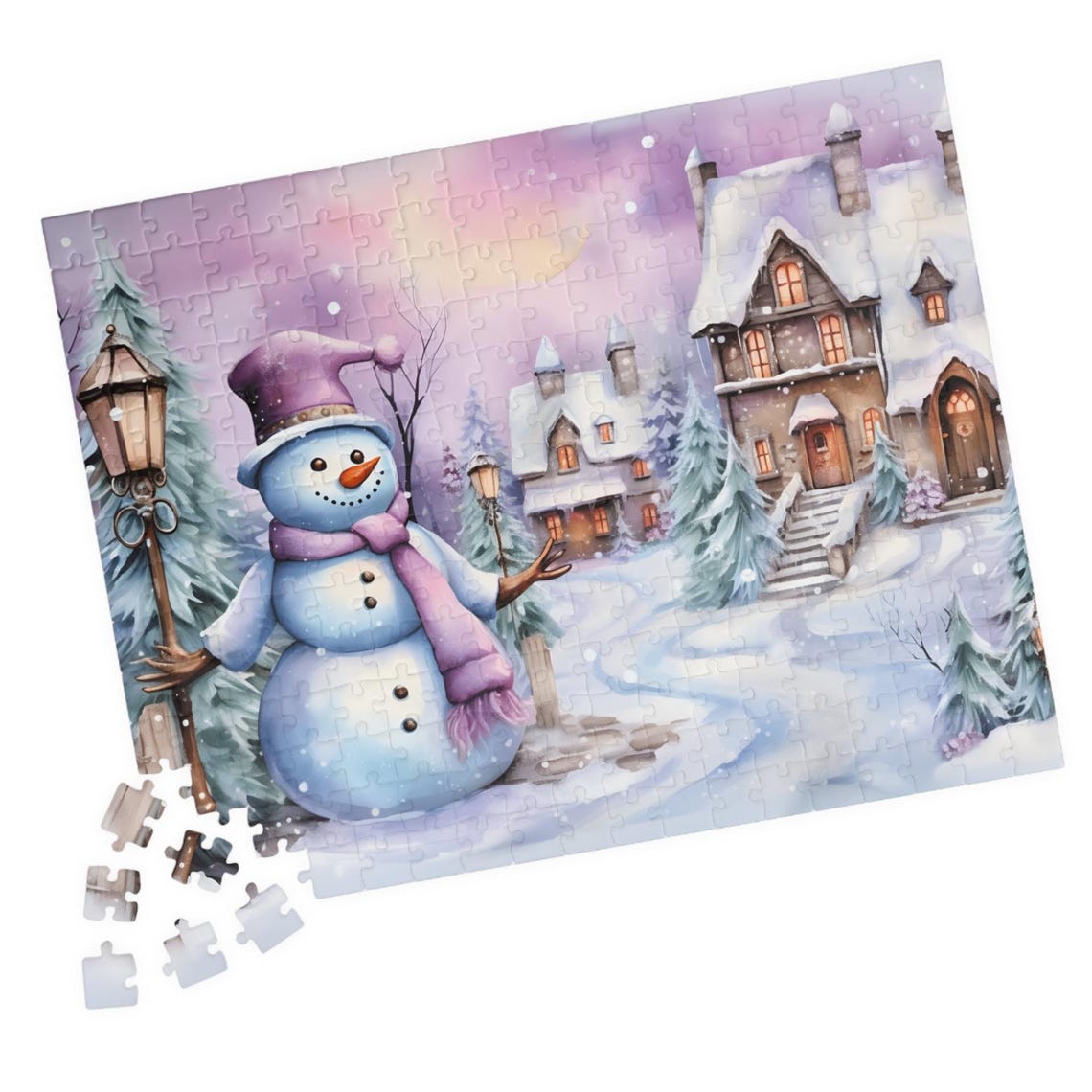 Snowman in Snowy Village Dusk Glowing Windows Winter Art Poster
