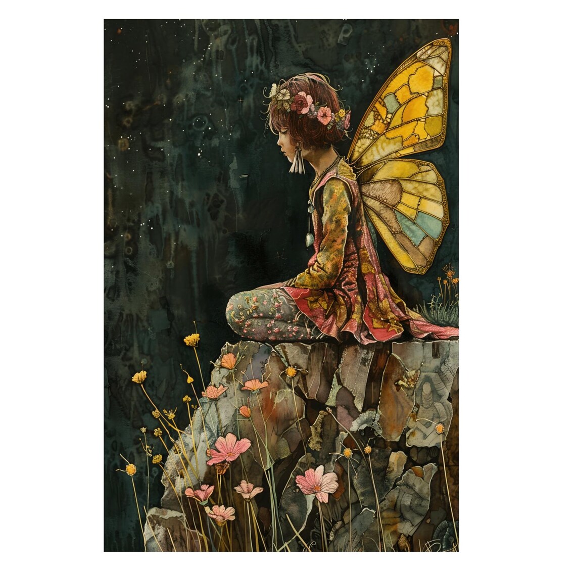 Mindful Fairy Resting On Rocks With Golden Wings And Flower Crown Poster - Image 3