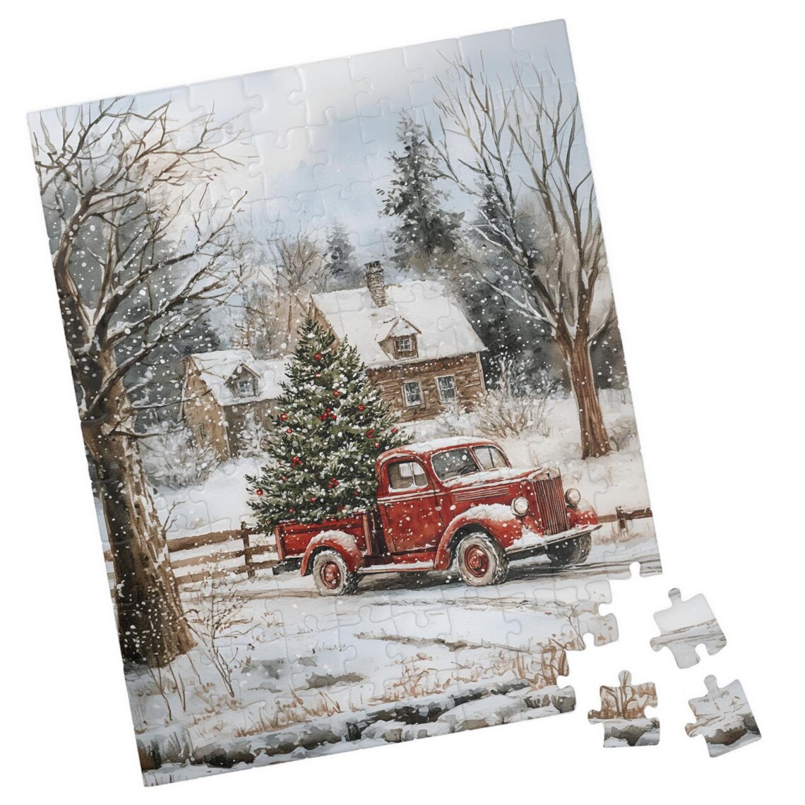 Red Vintage Truck Hauling Christmas Tree Through Snowy Woods Poster