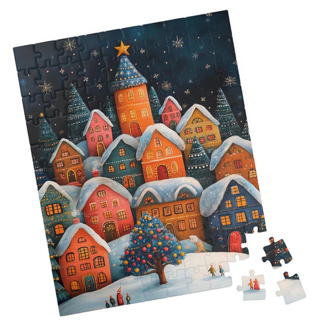 Snowy Christmas Village Under Stars with Tree and Figures Art Print