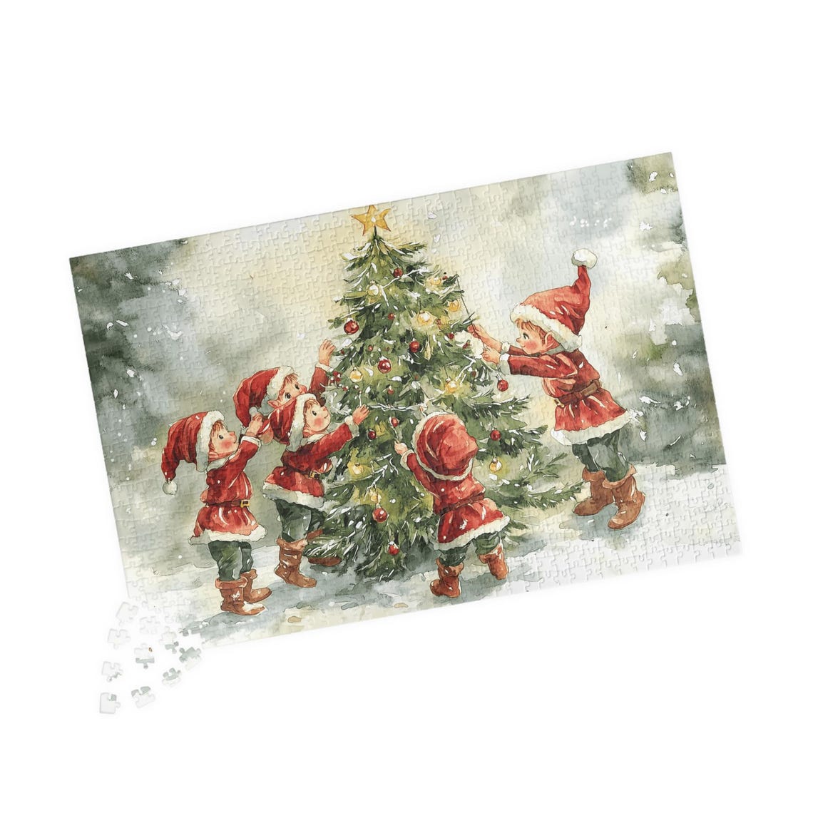 Four Little Helpers Decorating A Christmas Tree Watercolor Print - Image 4