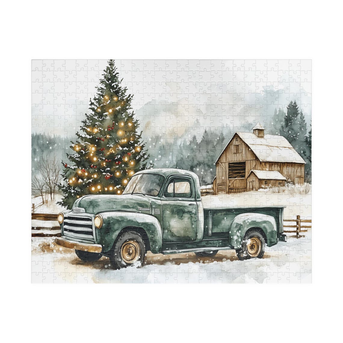 Vintage Green Pickup Truck With Christmas Tree at Snowy Barn Poster - Image 2