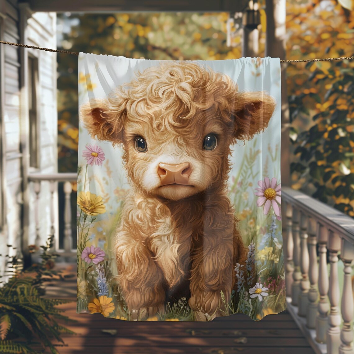 Baby Highland Cow In Flowers, Soft Light Landscape Art Print