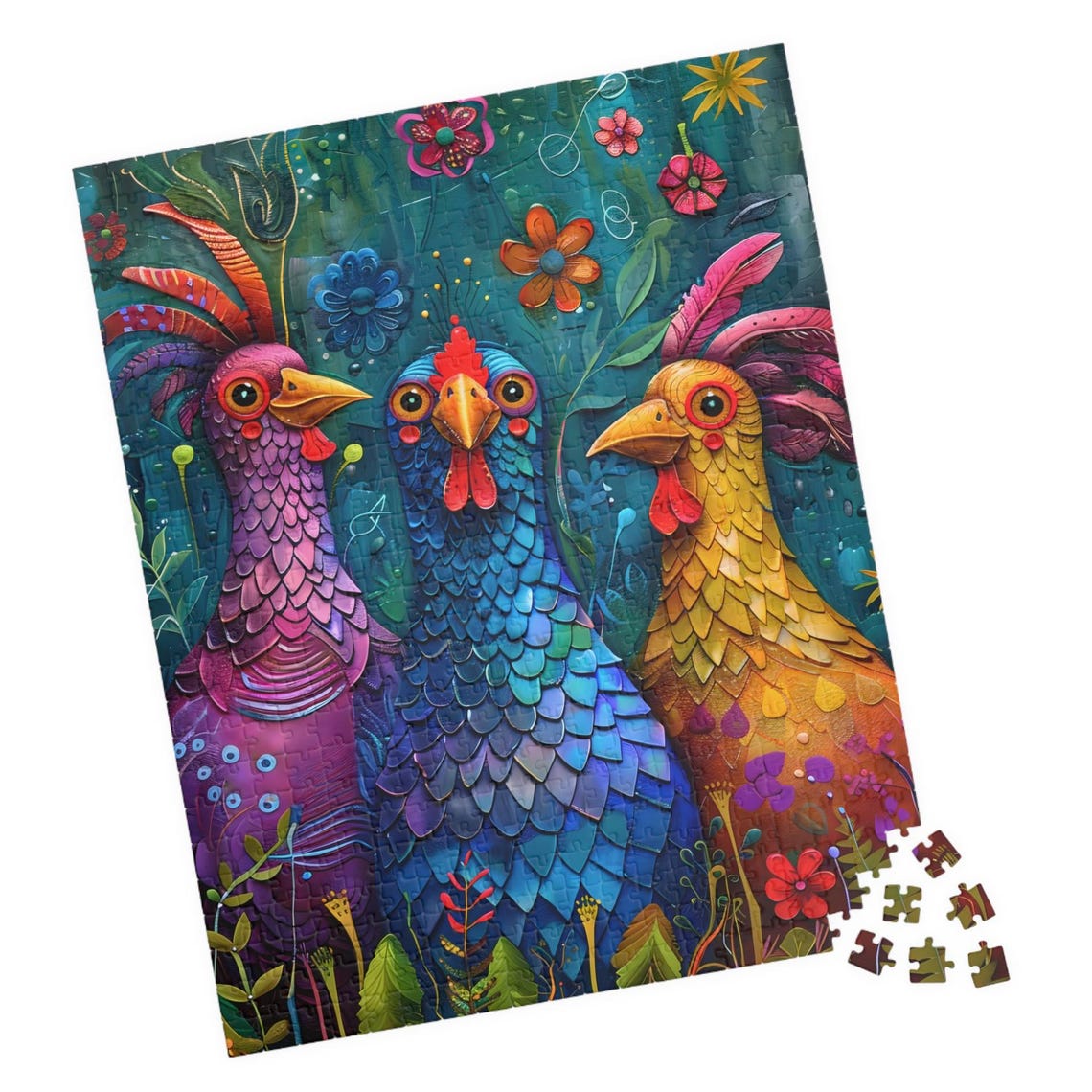 Three Colorful Chickens Folk Art Vibrant Rooster Trio Poster