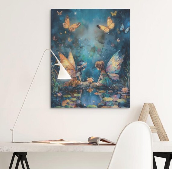 Two Fairies by Moonlit Pond Lily Pads Butterflies Watercolor Poster