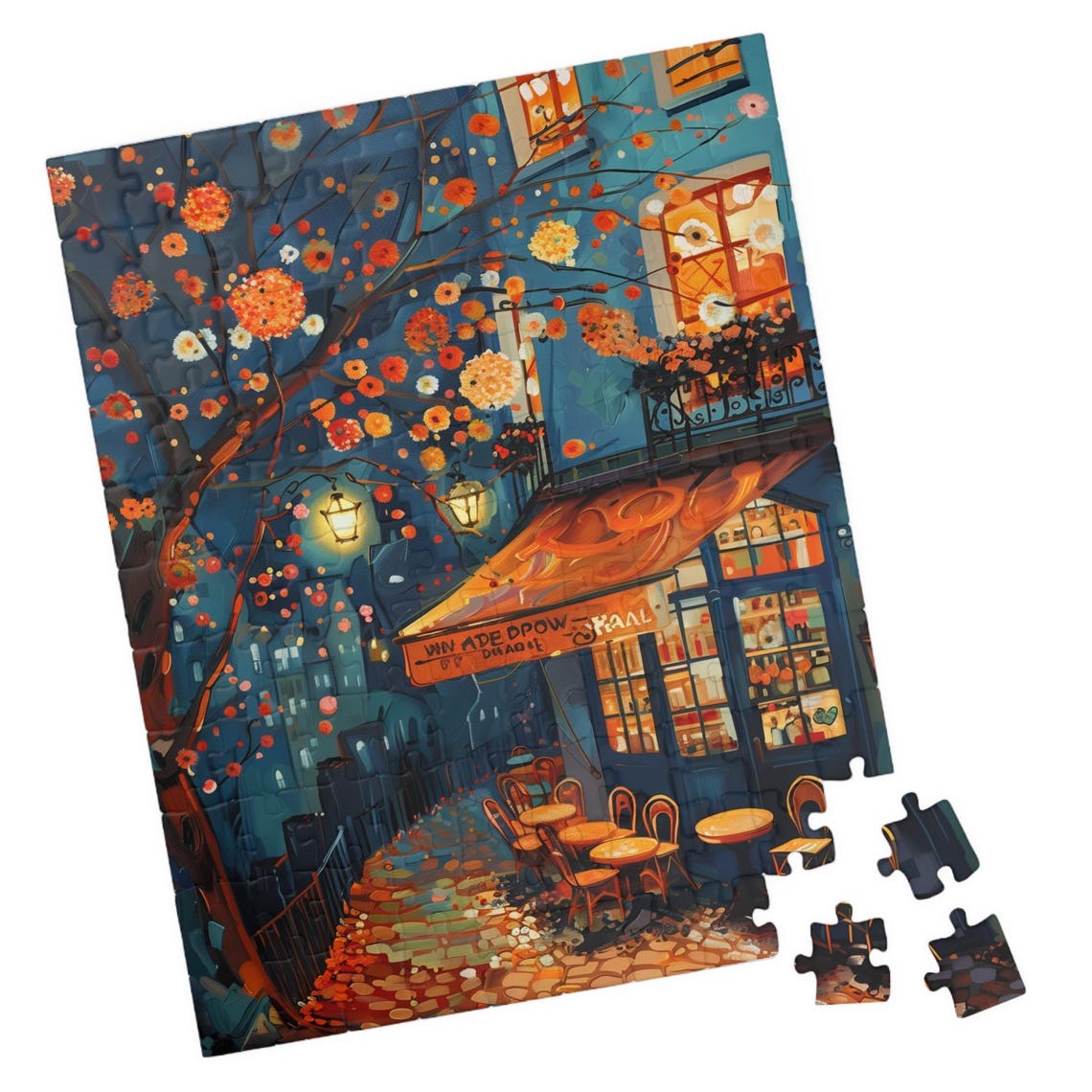 Parisian Cafe at Night Impressionist Blossom Street Scene Poster