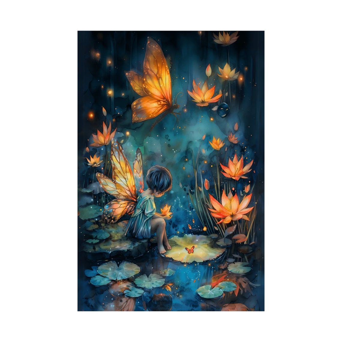 Water Lily Fairy With Butterfly Over A Glowing Night Pond Art Poster - Image 3
