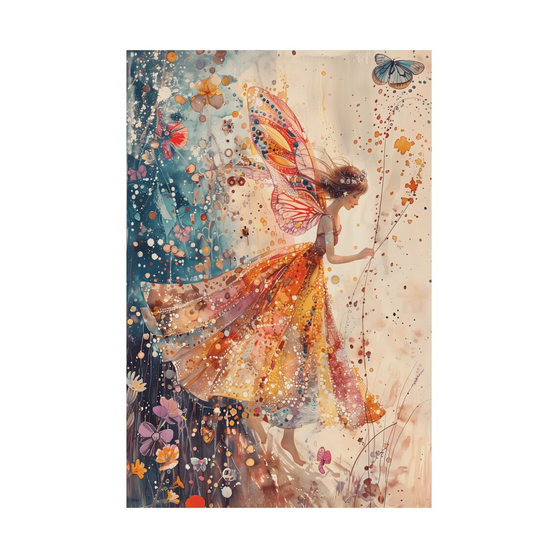 Dancing Fairy Butterfly Wings Swirling Gown Watercolor Art Poster - Image 3