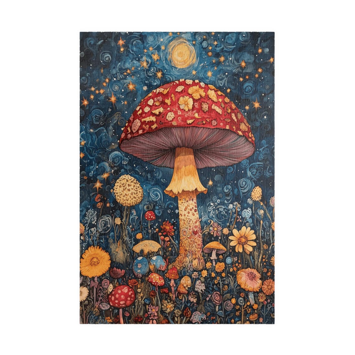 Mystical Moonlit Mushroom with Floral Cap Starry Night Art Poster - Image 3