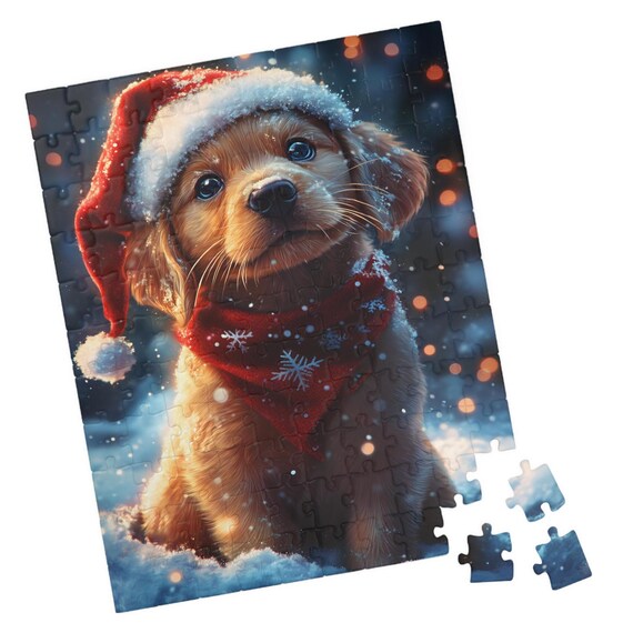 Golden Christmas Puppy in Santa Hat Art Print
