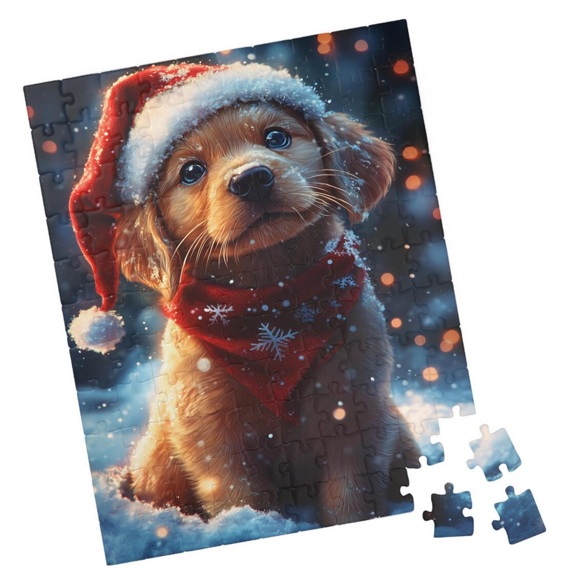 Golden Christmas Puppy in Santa Hat Art Print