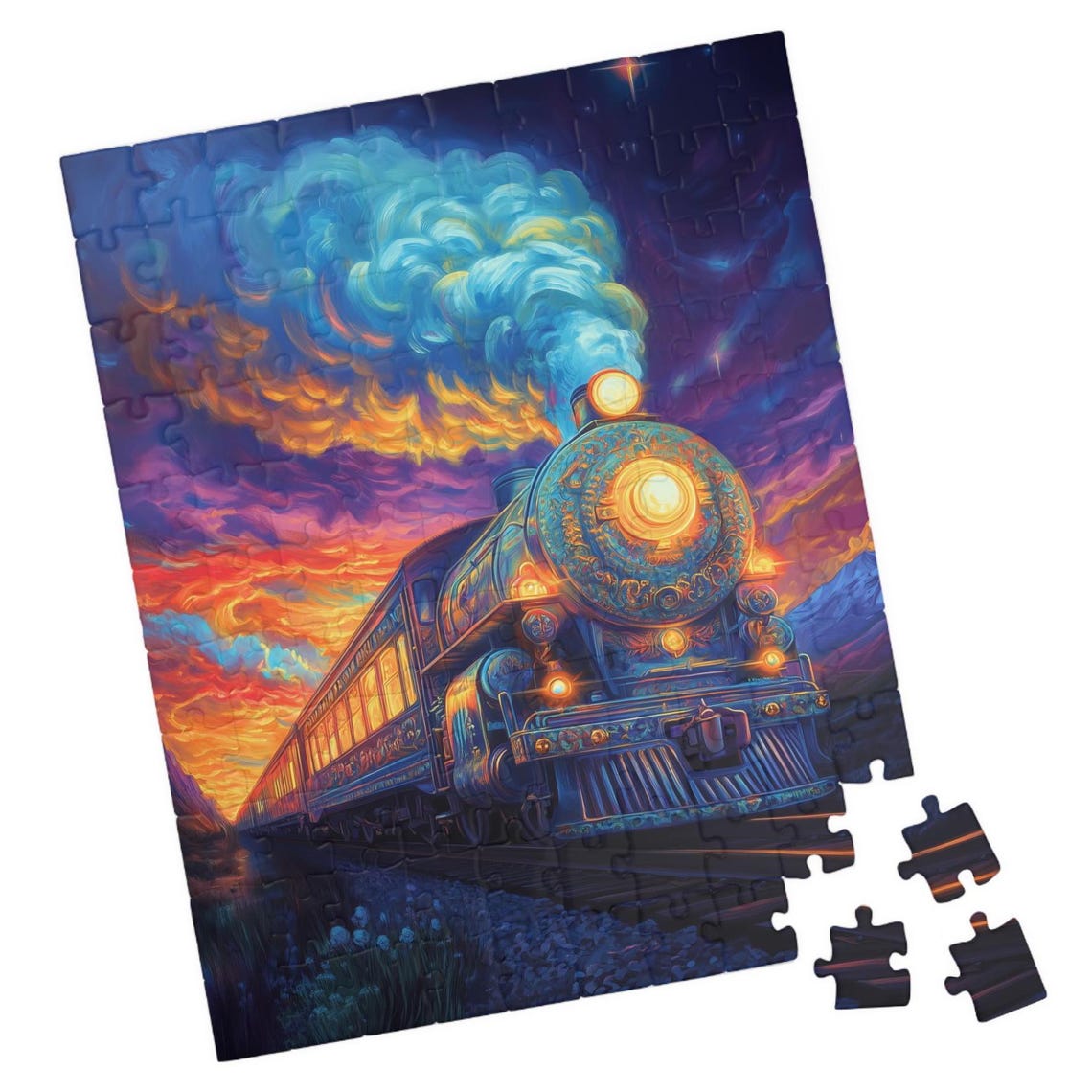 Mystical Ornate Steam Train Beneath A Swirling Sunset Sky Poster