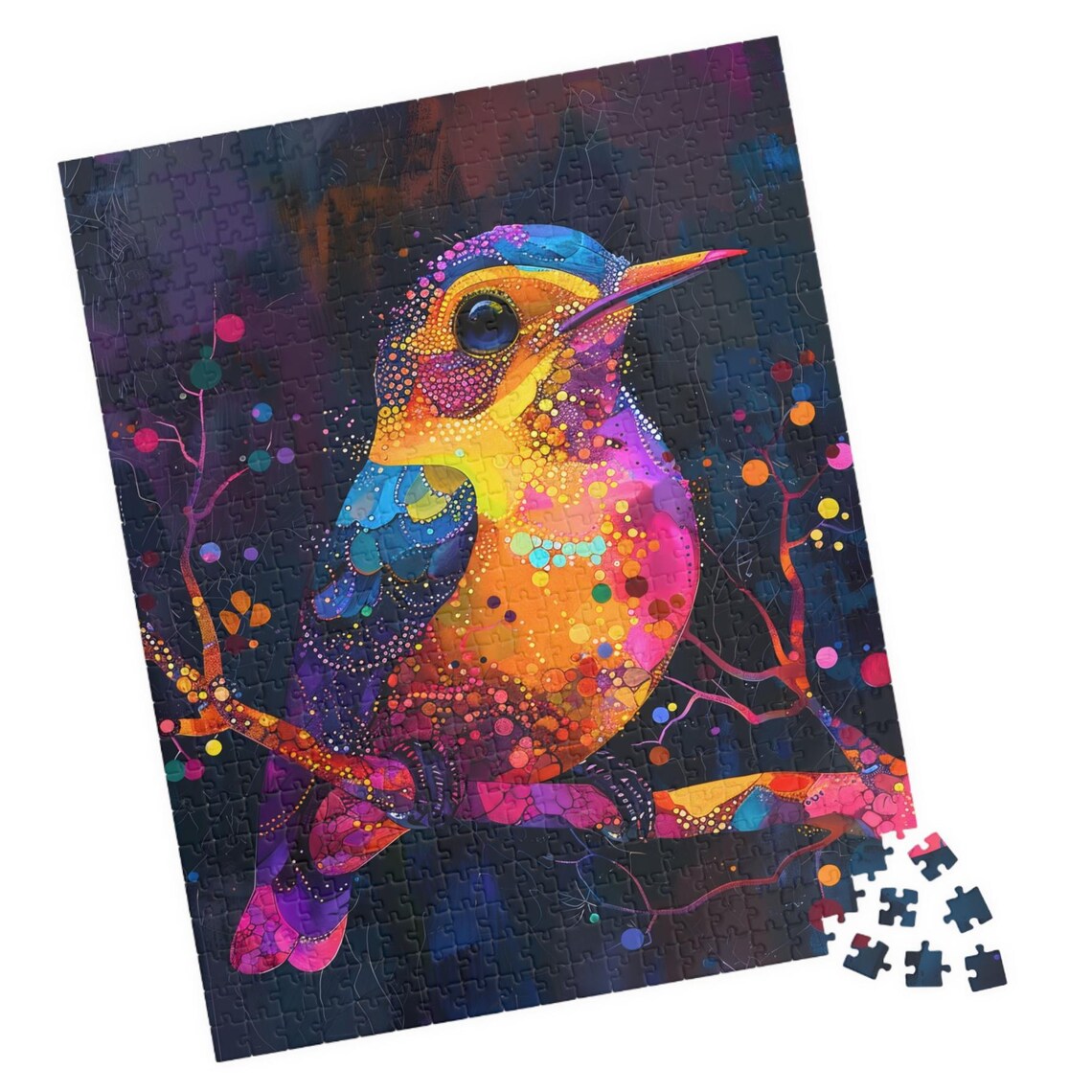 Vibrant Mosaic Colorful Bird Perched On Branch At Night Art Poster