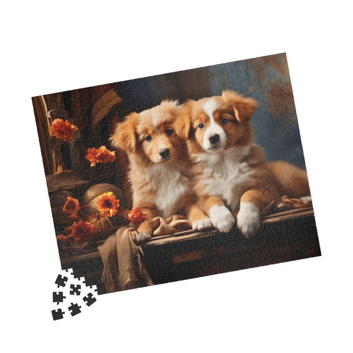 Two Sweet Puppies Autumn Flowers Cute Dog Portrait Art Poster - Image 4